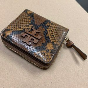 Tory Burch Leather Python Folding Wallet with Zipper